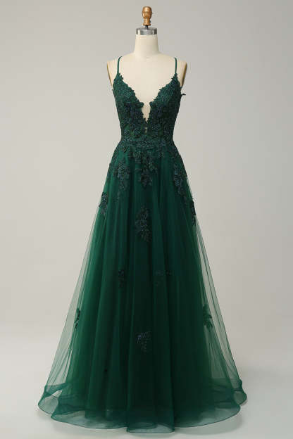 Spaghetti Straps A Line Green Long Prom Dress with Criss Cross Back