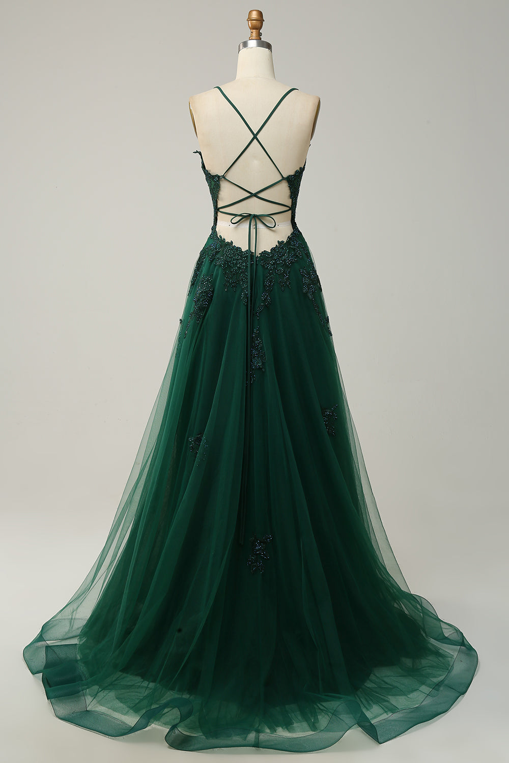 Spaghetti Straps A Line Green Long Prom Dress with Criss Cross Back