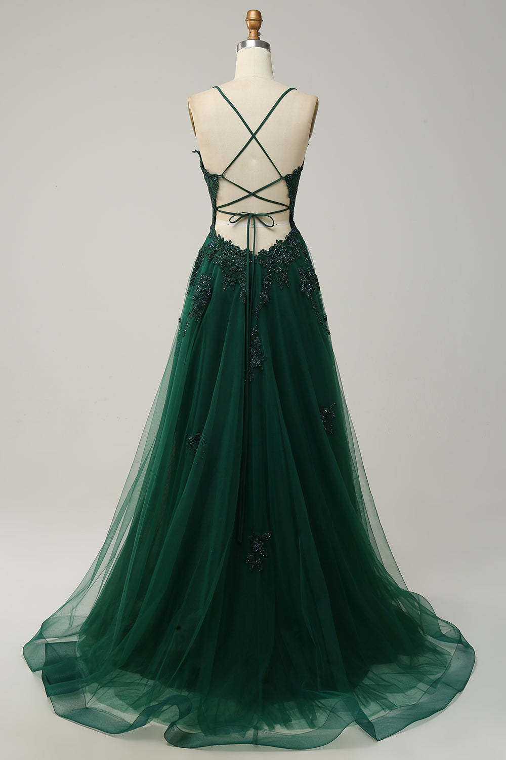 Spaghetti Straps A Line Green Long Prom Dress with Criss Cross Back