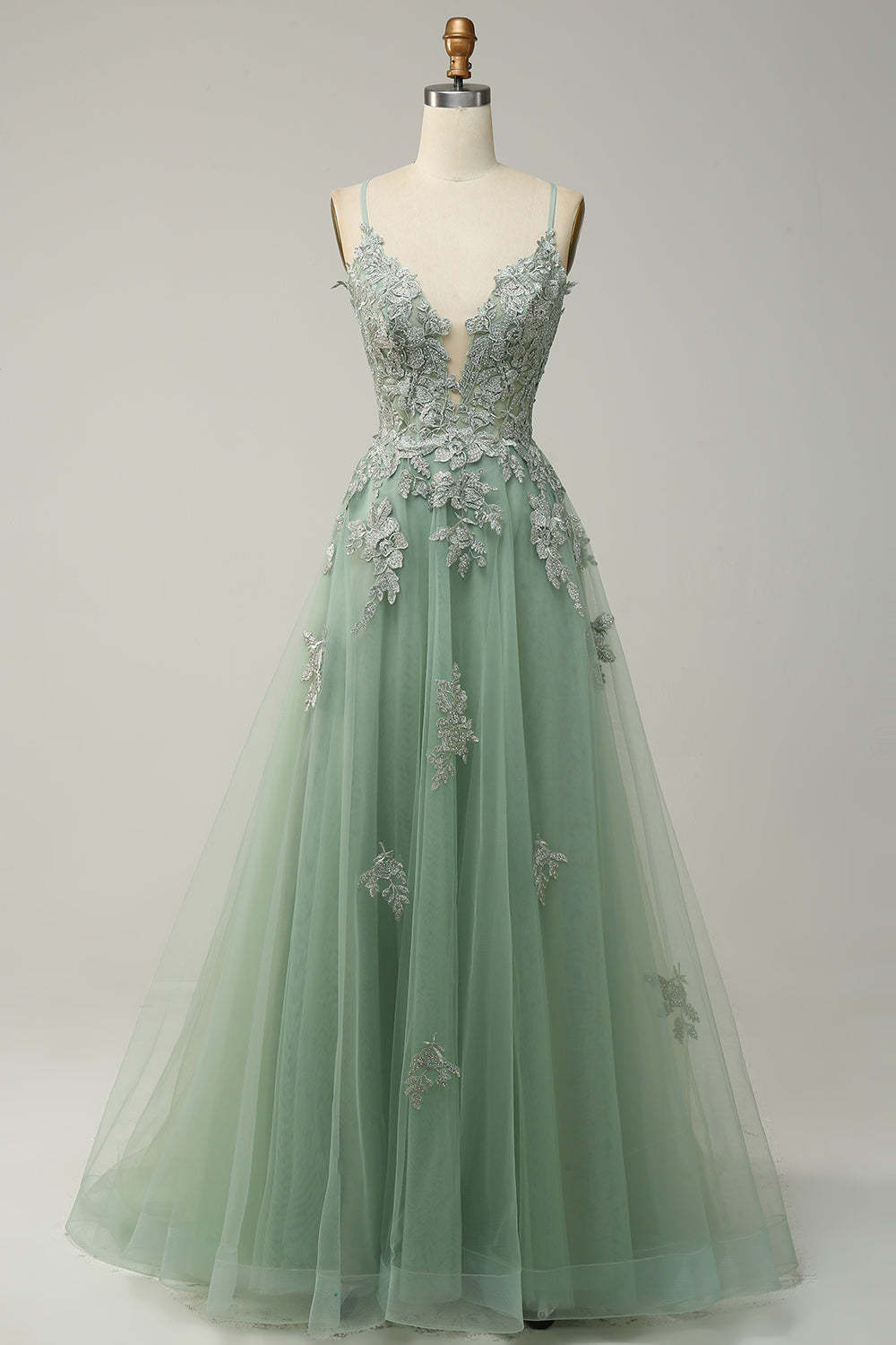 Spaghetti Straps A Line Green Long Prom Dress with Criss Cross Back