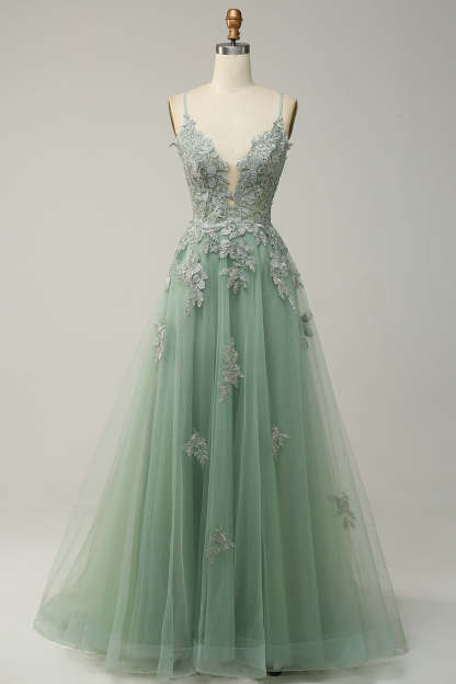 Spaghetti Straps A Line Green Long Prom Dress with Criss Cross Back
