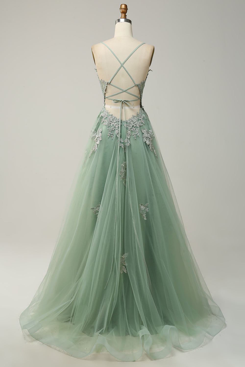 Spaghetti Straps A Line Green Long Prom Dress with Criss Cross Back