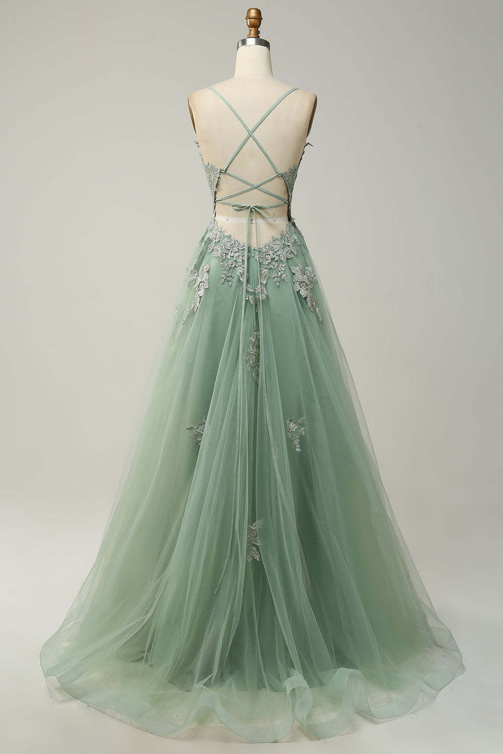 Spaghetti Straps A Line Green Long Prom Dress with Criss Cross Back