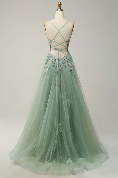 Spaghetti Straps A Line Green Long Prom Dress with Criss Cross Back