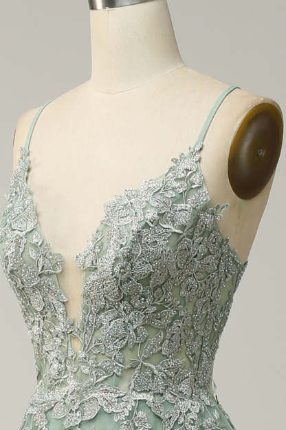 Spaghetti Straps A Line Green Long Prom Dress with Criss Cross Back