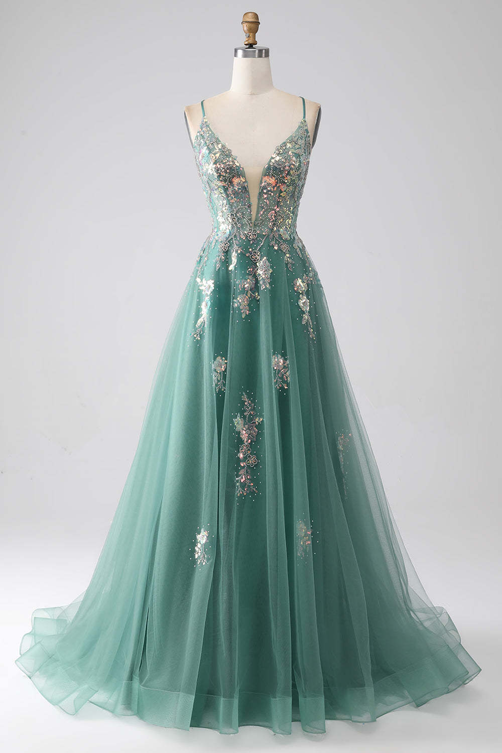 Leely Women Green Prom Dress A-Line Spaghetti Straps Long Evening Dress With Sparkly Sequin Appliques