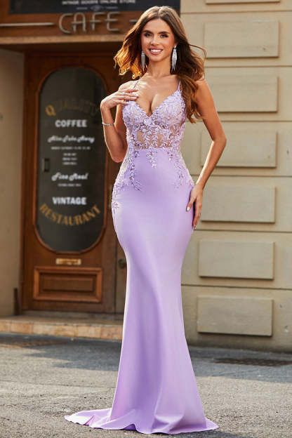 Lilac Mermaid V Neck Long Prom Dress With Beaded Appliques