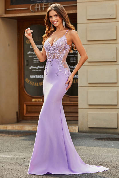 Lilac Mermaid V Neck Long Prom Dress With Beaded Appliques