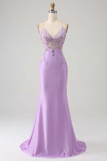 Leely Women Lilac Prom Dress Mermaid V Neck Open Back Beaded Evening Dresses with Appliques