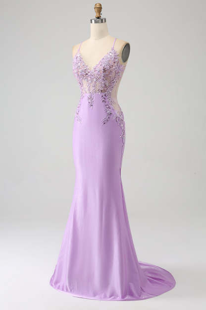 Trendy Mermaid Spaghetti Straps Lilac Long Prom Dress with Appliques Beading