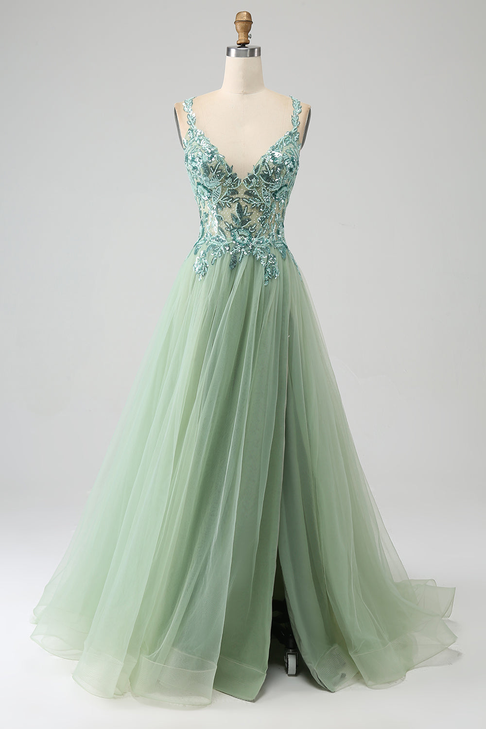 Leely Women Light Green Prom Dress A-Line V Neck Split Tulle Party Dress with Appliqued Beading