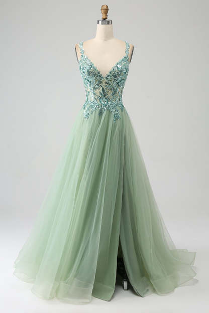 Leely Women Light Green Prom Dress A-Line V Neck Split Tulle Party Dress with Appliqued Beading