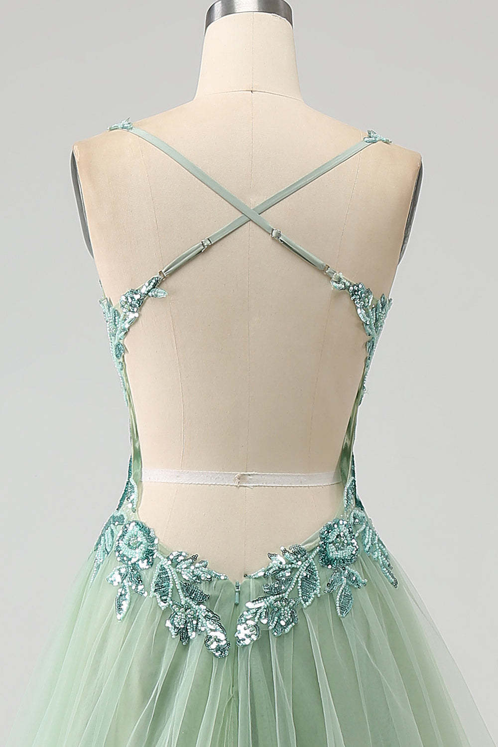 Gorgeous A Line V Neck Light Green Long Prom Dress with Appliques