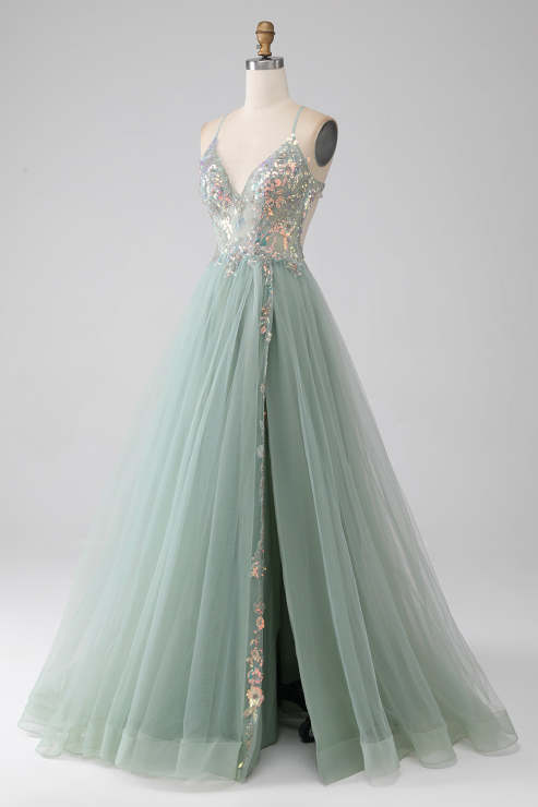 Leely Women Beaded Light Green Prom Dress with Slit A-Line Sequins ...