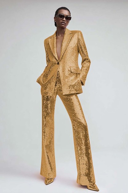 Sparkly Pink 2 Piece Sequins One Button Women Prom Suits with Pockets