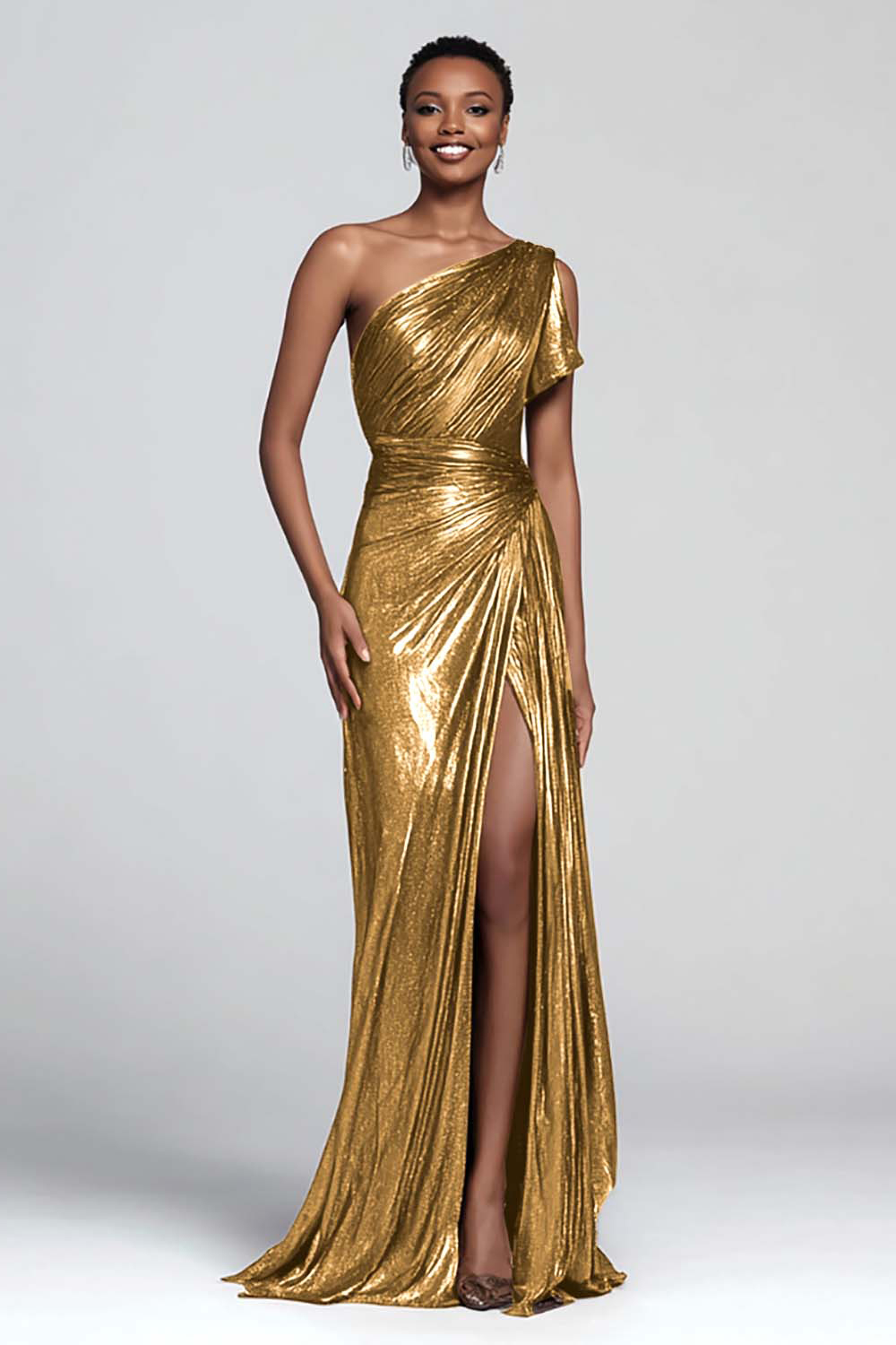 Brown Metallic One Shoulder Mermaid Long Formal Dress with Slit