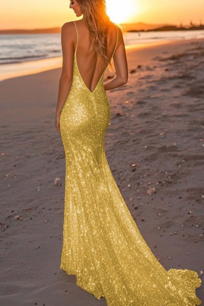 Sparkly Silver Spaghetti Straps Mermaid Sequined Formal Dress
