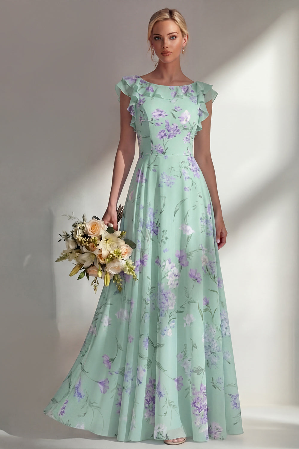 Leely Women Ruffled Green Floral A Line Round Neck Long Bridesmaid Dress Backless Sleeveless Evening Dress
