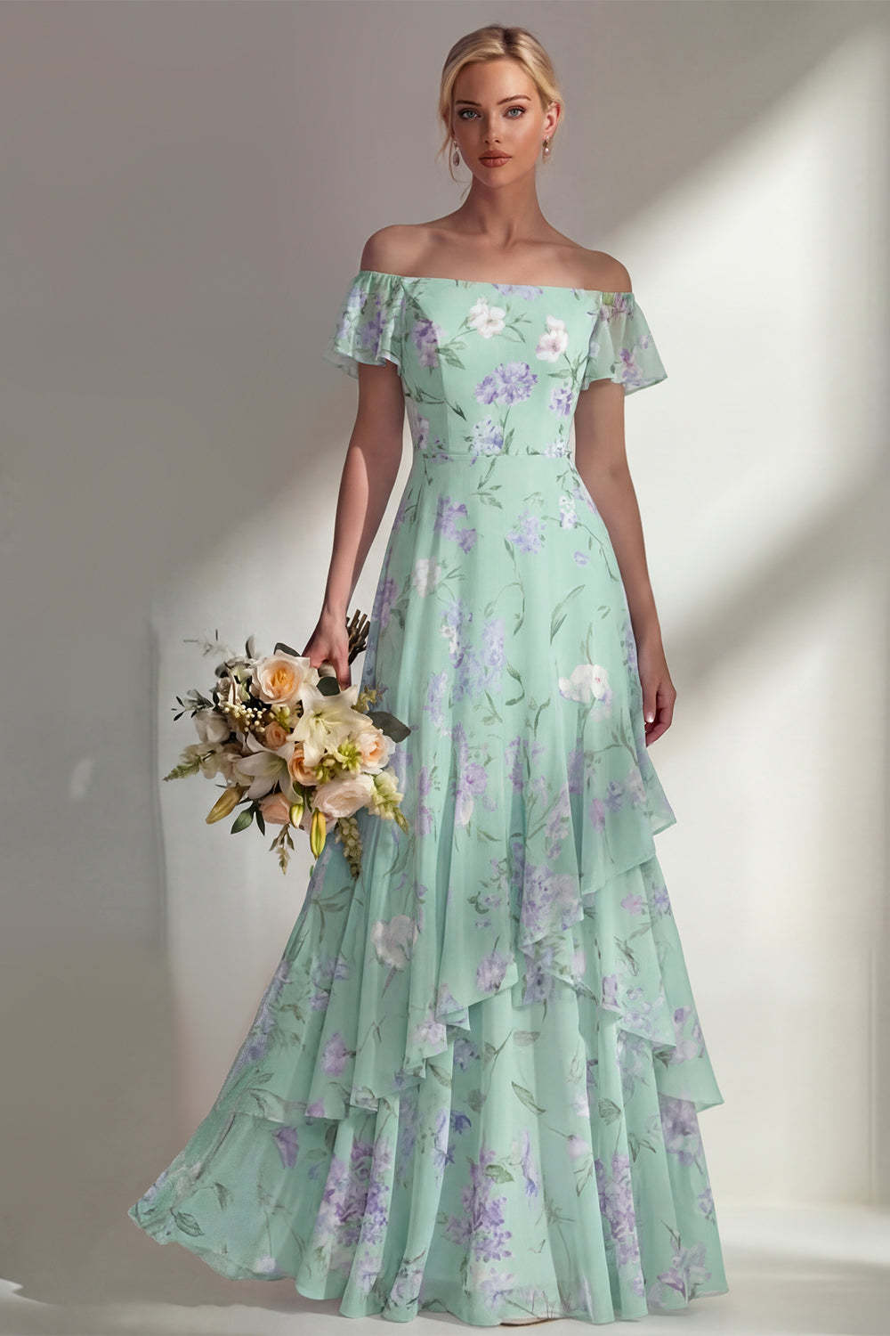 Blue Floral Off the Shoulder A Line Long Bridesmaid Dress