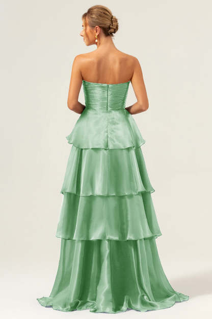 Plus Size Dark Navy Strapless A Line Tiered Satin Maxi Bridesmaid Dress