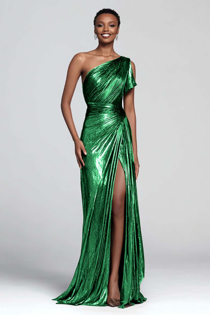 Brown Metallic One Shoulder Mermaid Long Formal Dress with Slit