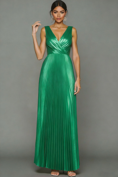 Fuchsia Pleated A Line Metallic V-Neck Maxi Evening Dress