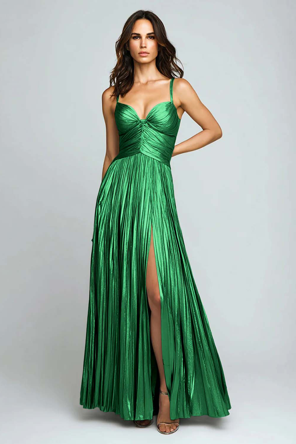 Silver Pleated Metallic Spaghetti Straps Long Formal Dress with Slit