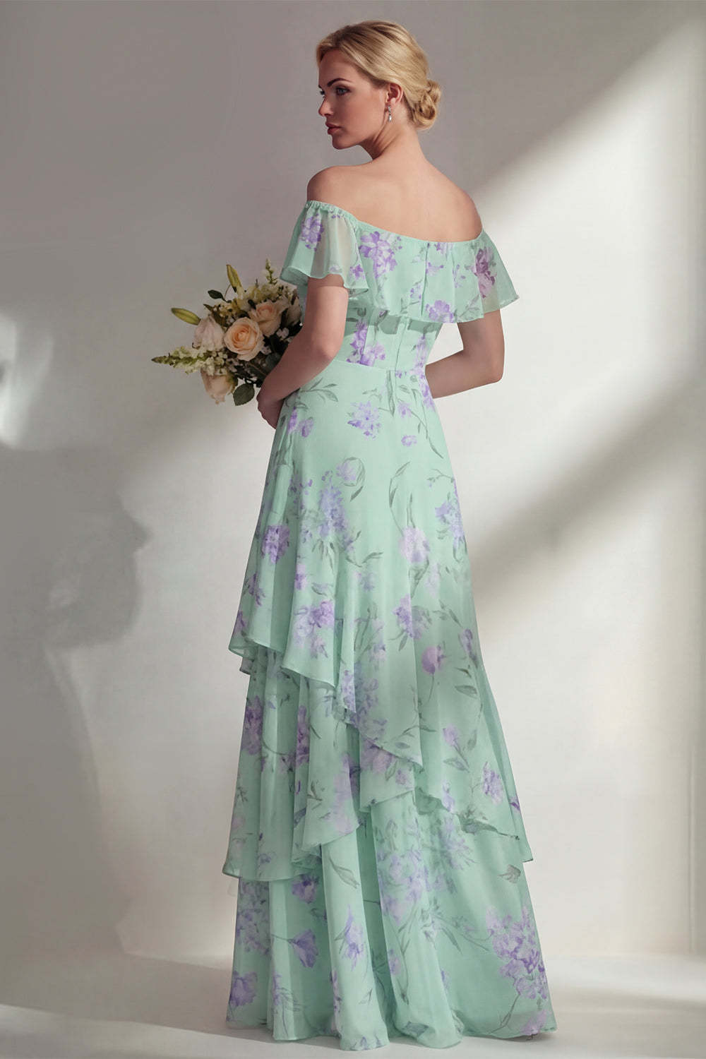 Blue Floral Off the Shoulder A Line Long Bridesmaid Dress