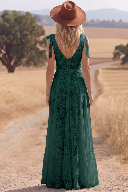 White Lace Bow Tie Straps A Line Maxi Boho Western Wedding Dress with Slit