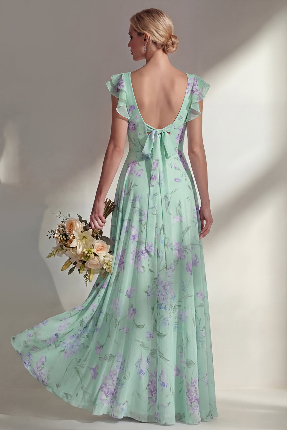 Ruffled Green Floral A Line Round Neck Long Bridesmaid Dress