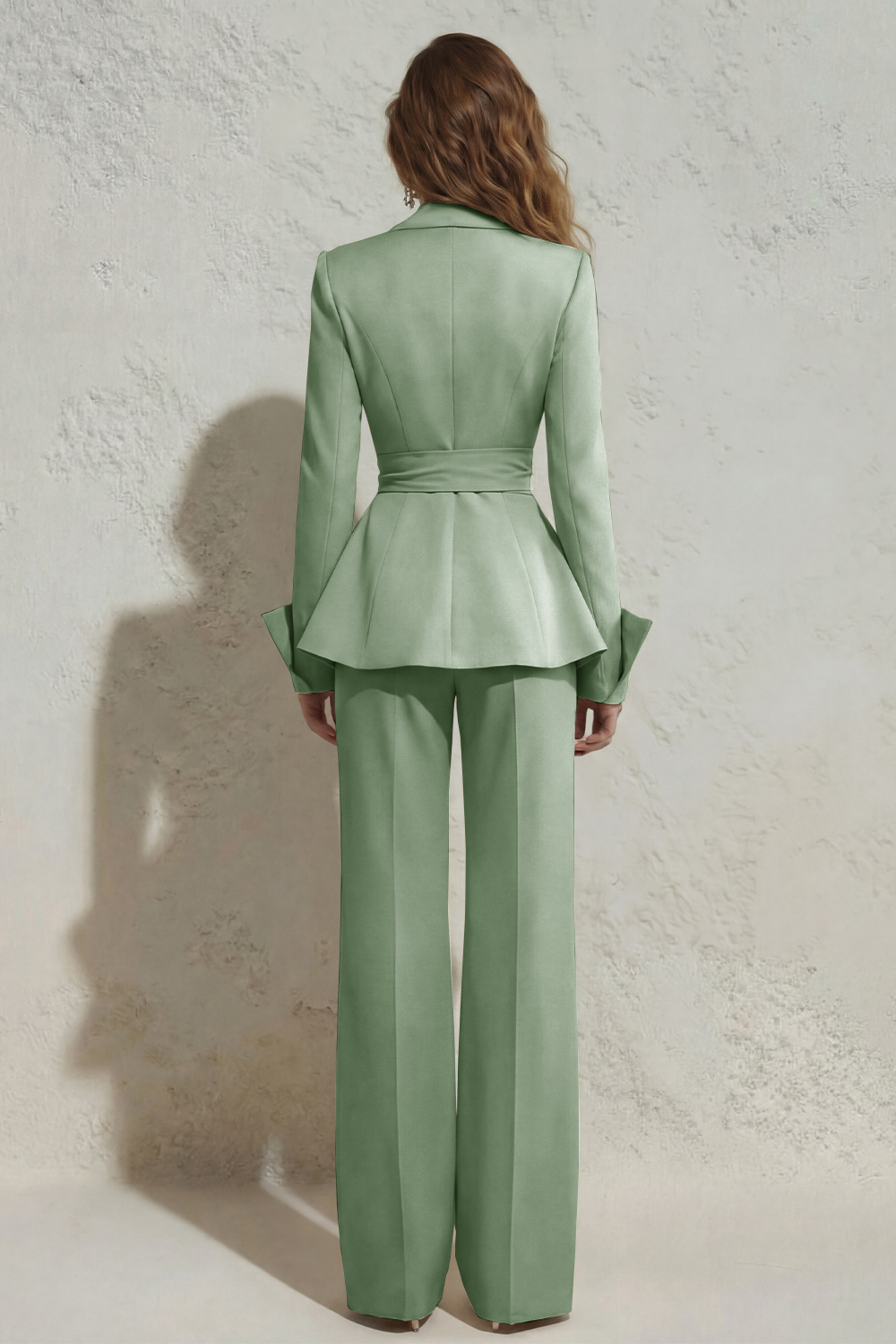 Ivory 2 Piece Wide Leg Peak Lapel Long Business Suits with Sash