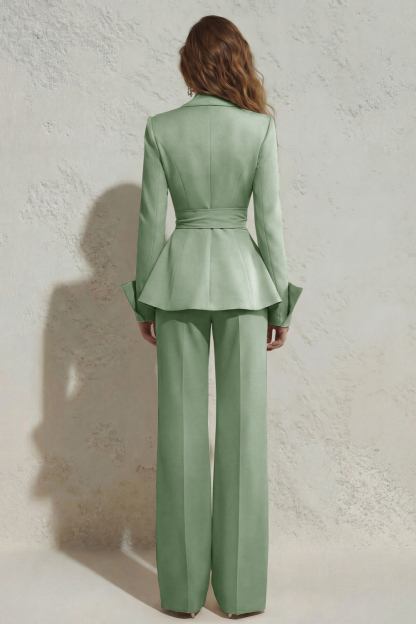 Ivory 2 Piece Wide Leg Peak Lapel Long Business Suits with Sash