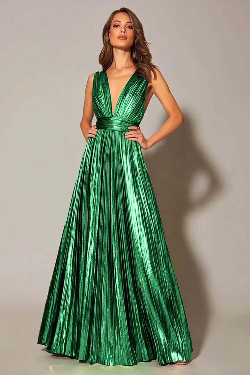 Gold Metallic Pleated V-Neck A-Line Long Formal Dress