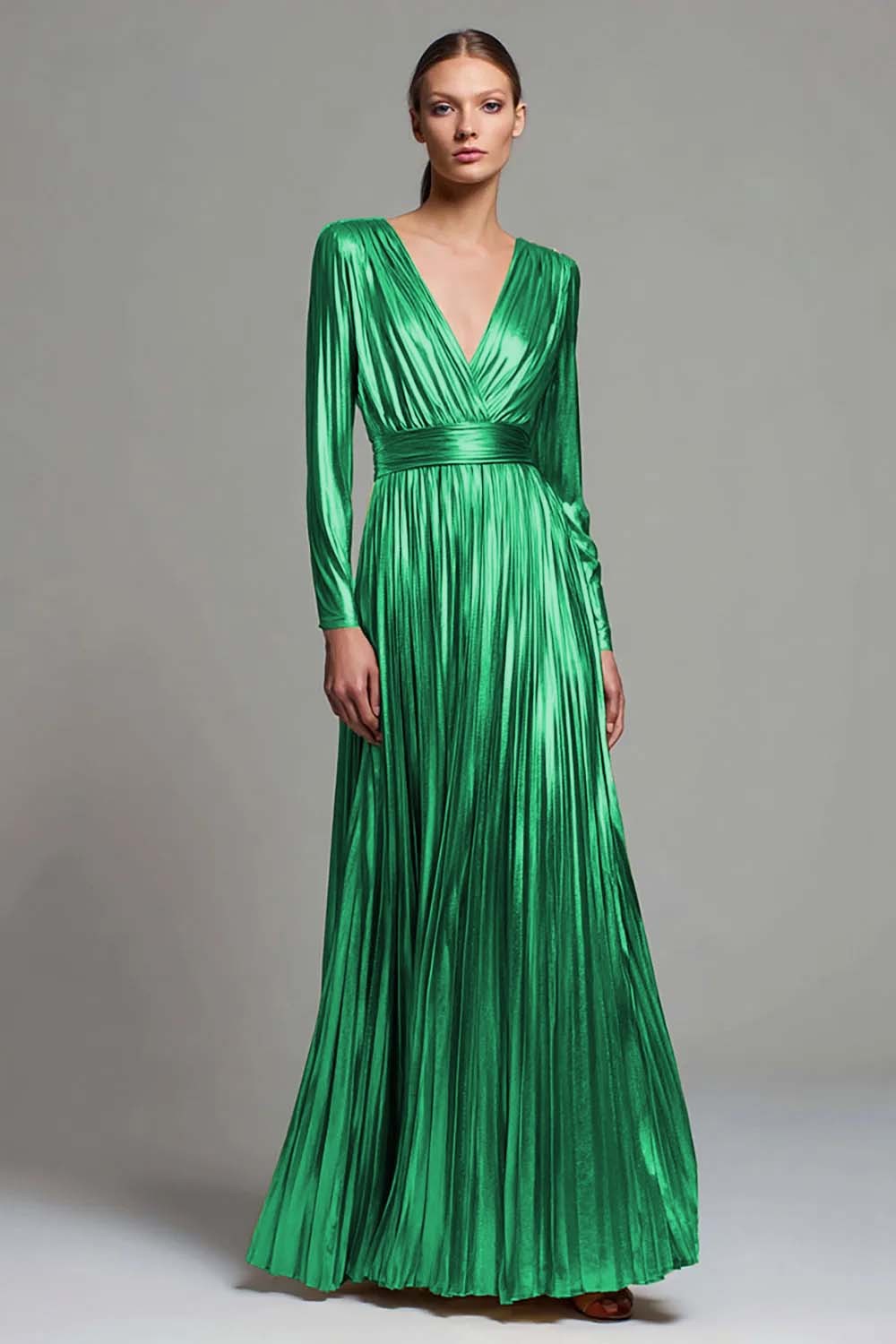 Gold Metallic V-Neck A Line Pleated Long Formal Dress with Sleeves