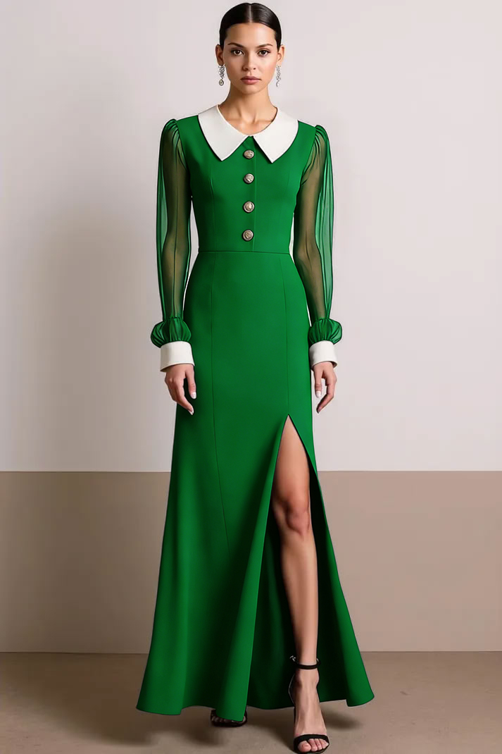 Leely Women Black White Long Formal Dress with Slit Sheath Collar Neck Evening Dress with Sleeves