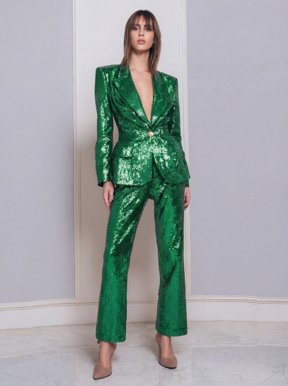 Leely Women 2 Piece Dark Purple Sparkly Sequins Women Prom Suits with Sleeves Peak Lapel Single Breasted Pant Suit