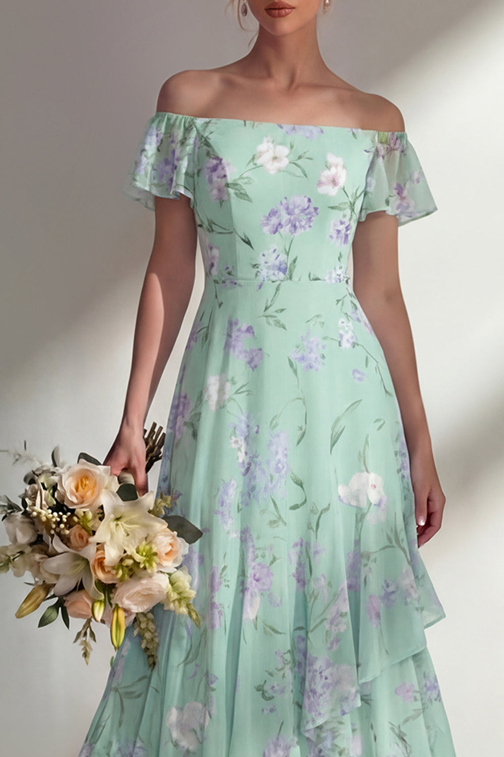 Blue Floral Off the Shoulder A Line Long Bridesmaid Dress