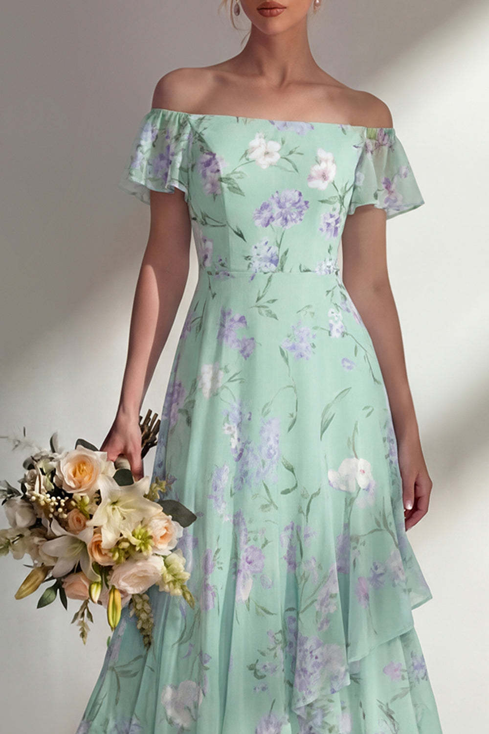 Blue Floral Off the Shoulder A Line Long Bridesmaid Dress