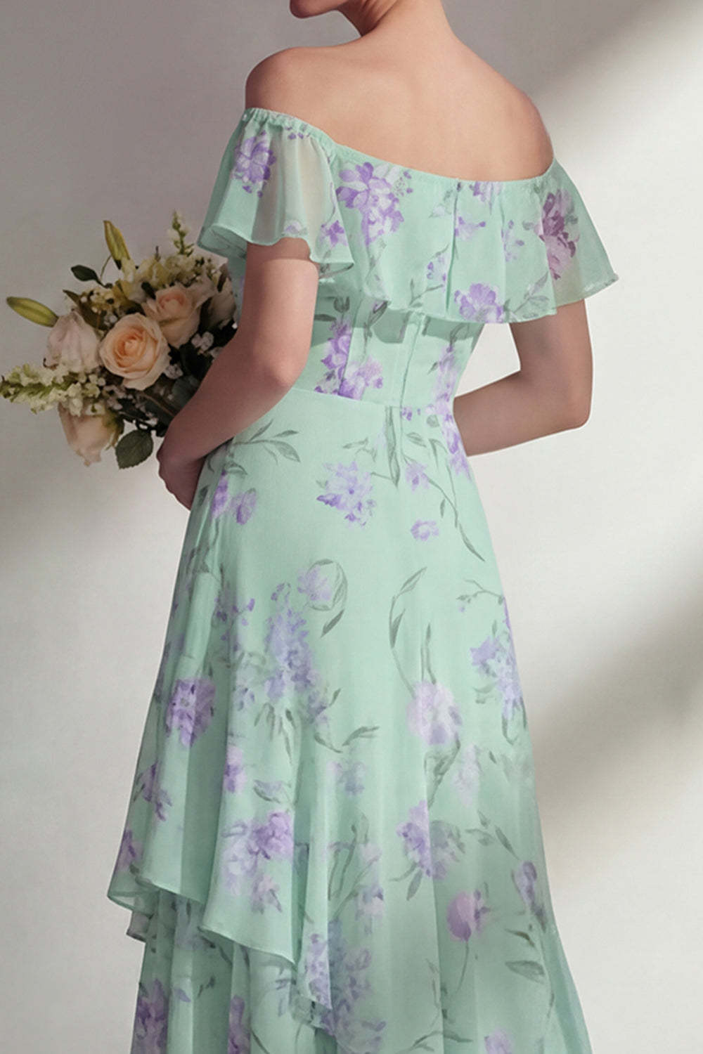 Blue Floral Off the Shoulder A Line Long Bridesmaid Dress