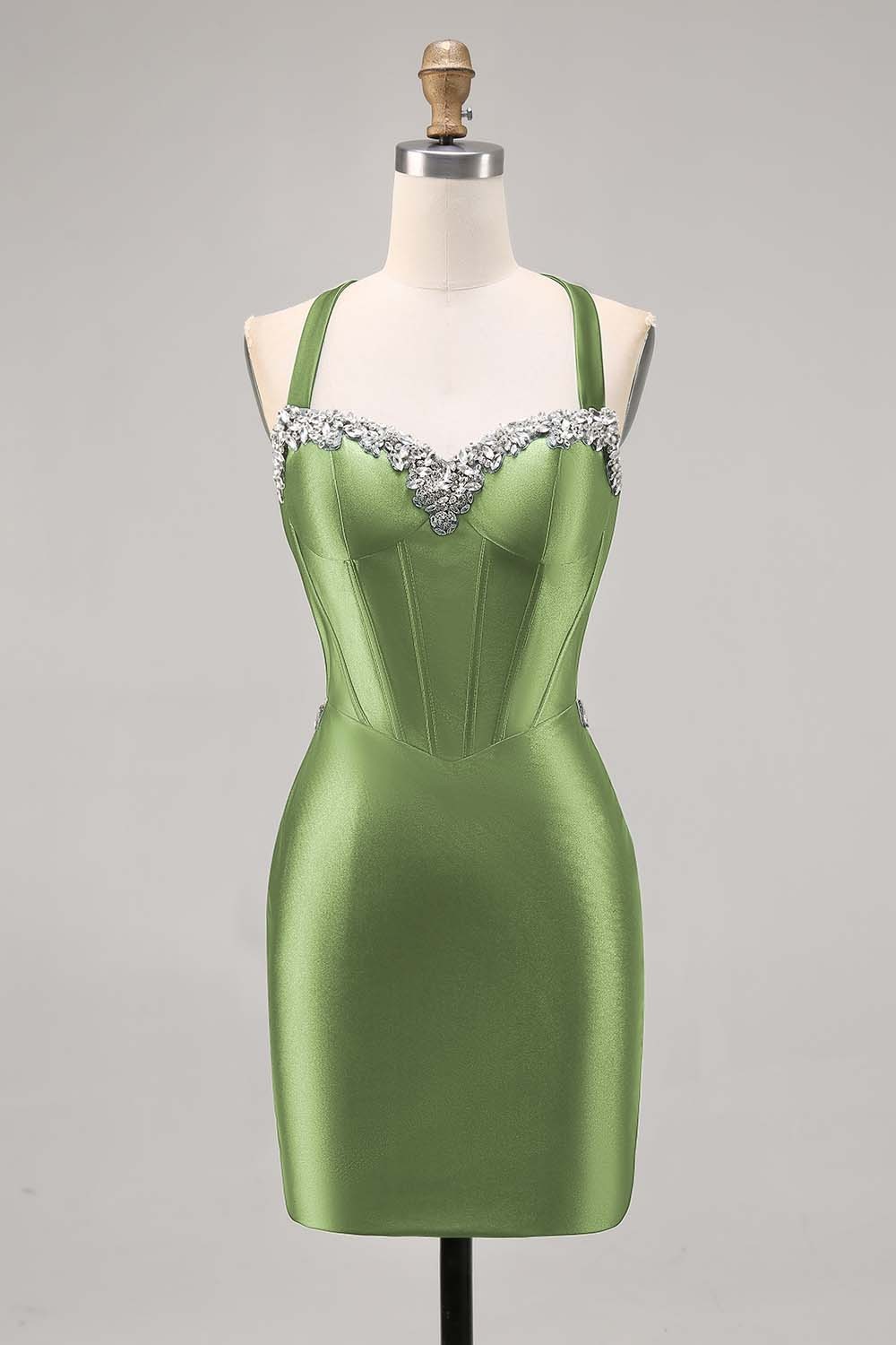 Dark Green Corset Satin Short Tight Sparkly Homecoming Dress with Beading