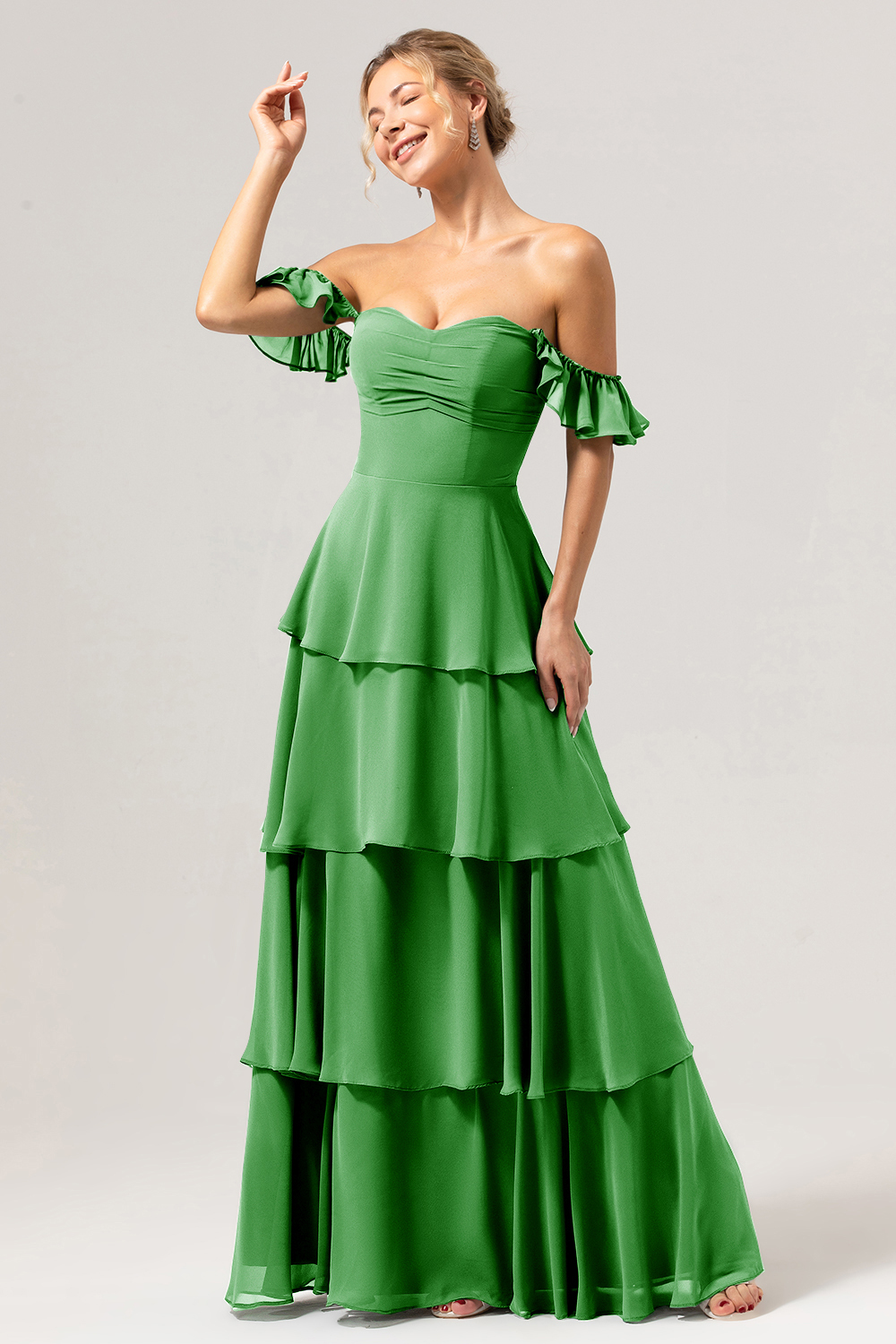 Eucalyptus Off the Shoulder Sweetheart Tiered A-Line Bridesmaid Dress