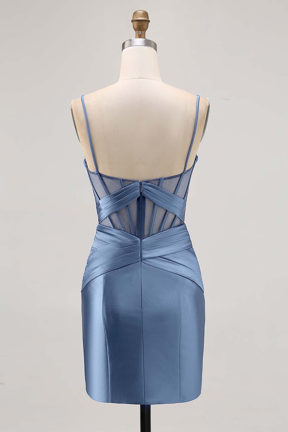 Satin Tight Royal Blue Ruched Corset Short Homecoming Dress with Slit