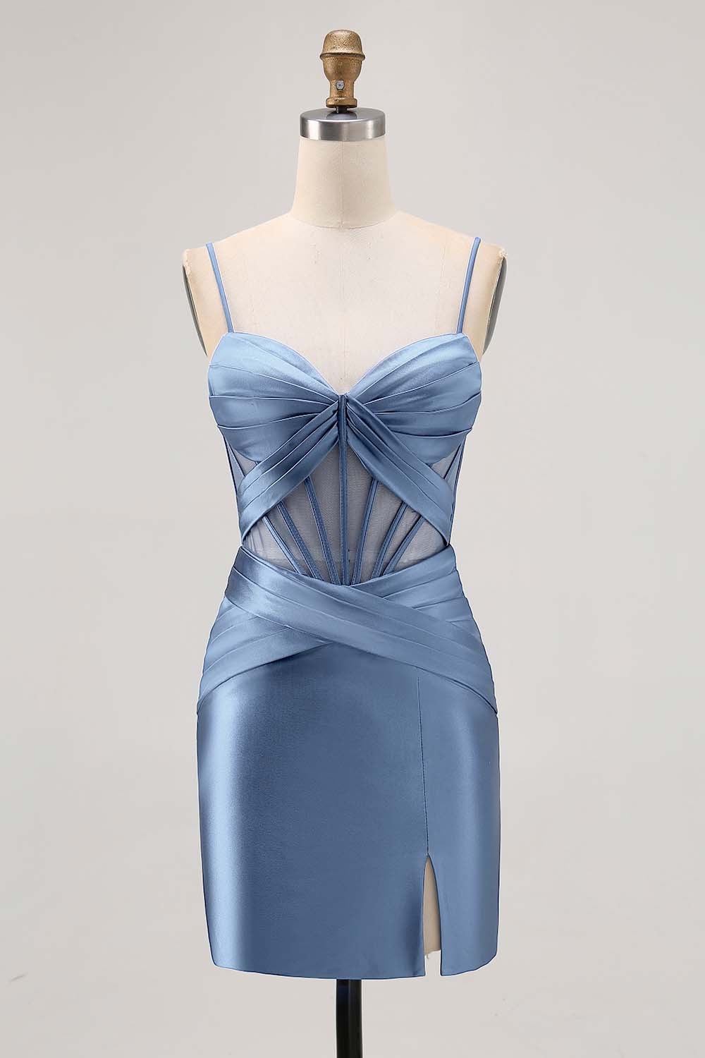 Satin Tight Royal Blue Ruched Corset Short Homecoming Dress with Slit