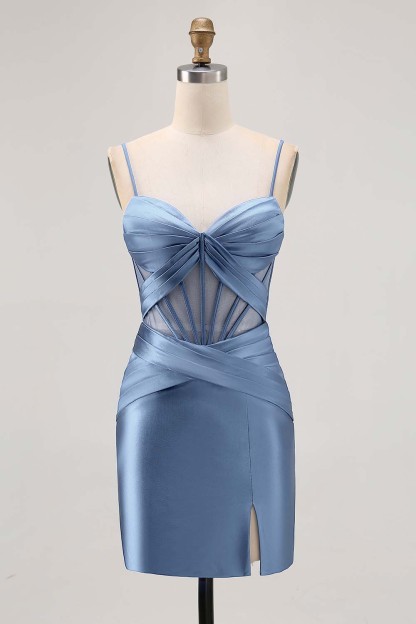 Satin Tight Royal Blue Ruched Corset Short Homecoming Dress with Slit