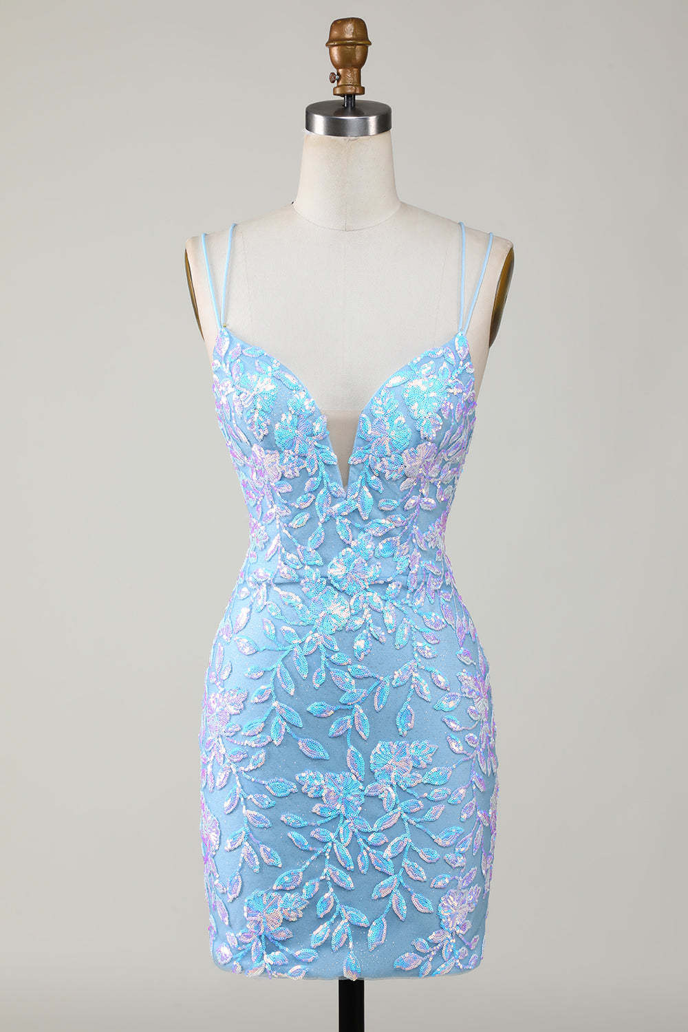 LEELY Iridescent Sequins Bodycon Spaghetti Straps Party Dress With Aqqliques