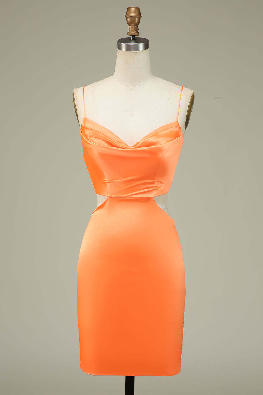 LEELY Women Orange Satin Short Homecoming Dress Bodycon Spaghetti Straps Cocktail Dress