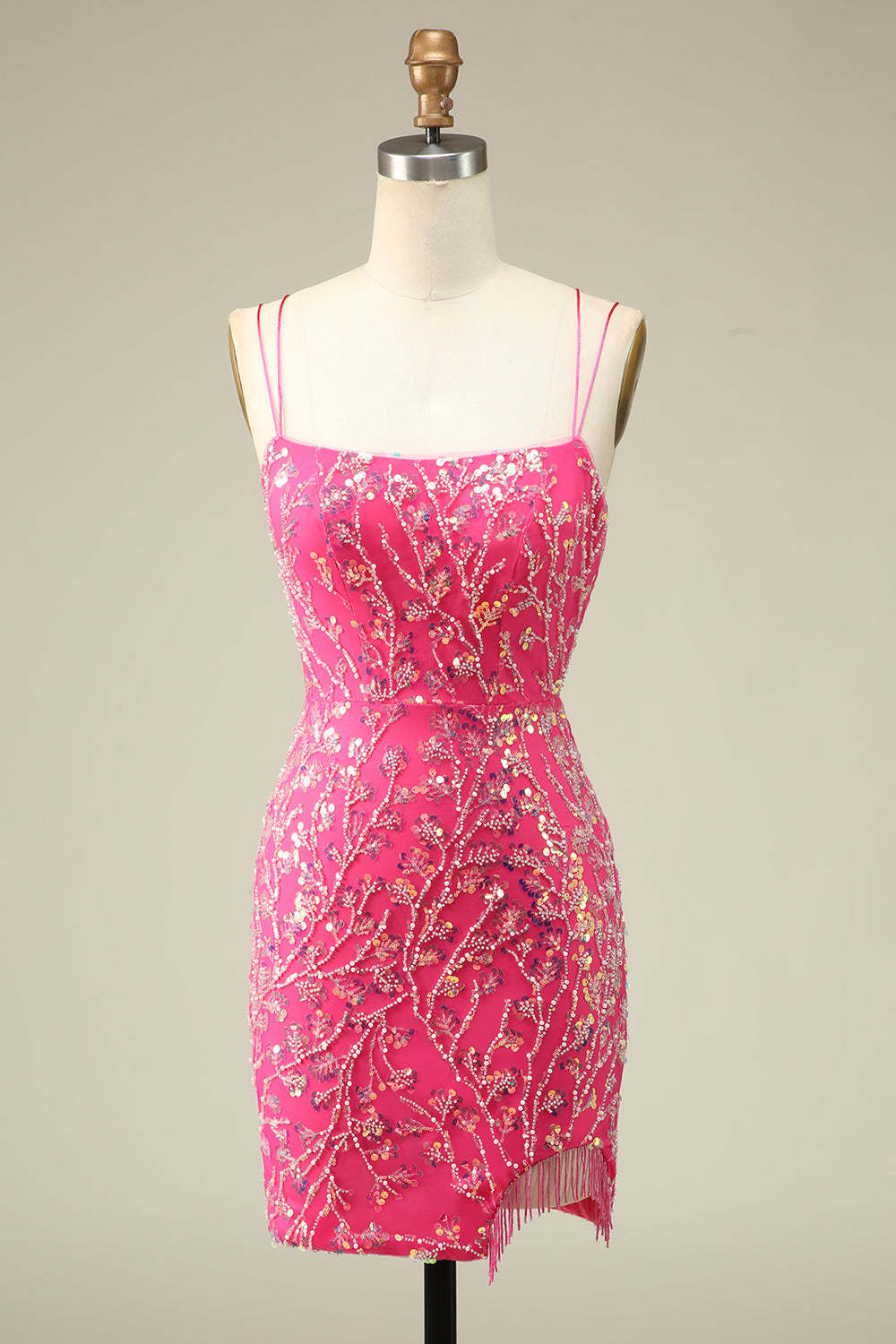 LEELY Women Elegant Fuchsia Corset Sequins Bodycon Mini Homecoming Dress with Beading