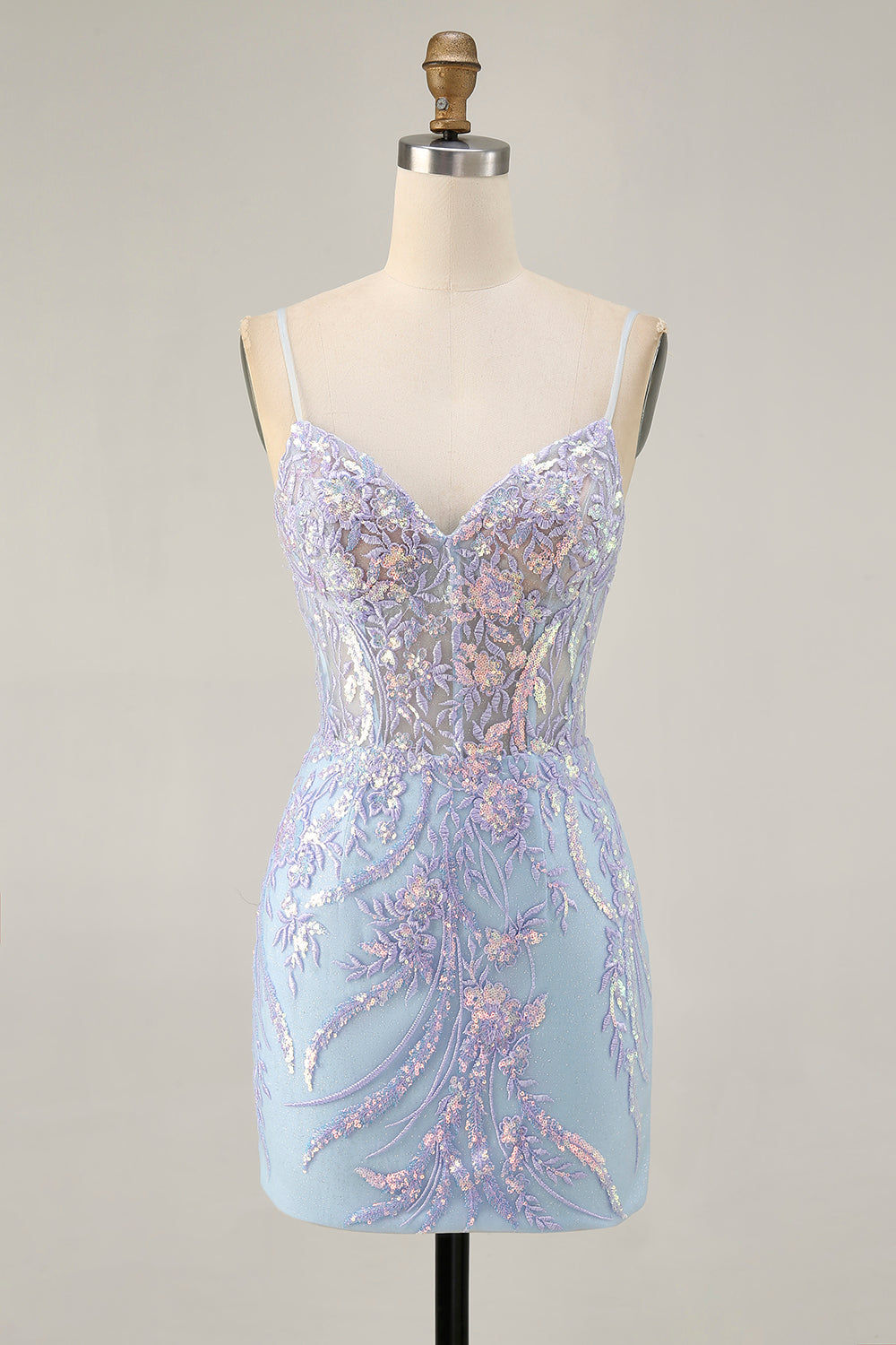 Sparkly Blue Corset Spaghetti Straps Lace Short Homecoming Dress with Sequins