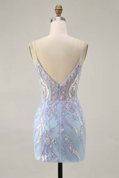 Sparkly Blue Corset Spaghetti Straps Lace Short Homecoming Dress with Sequins