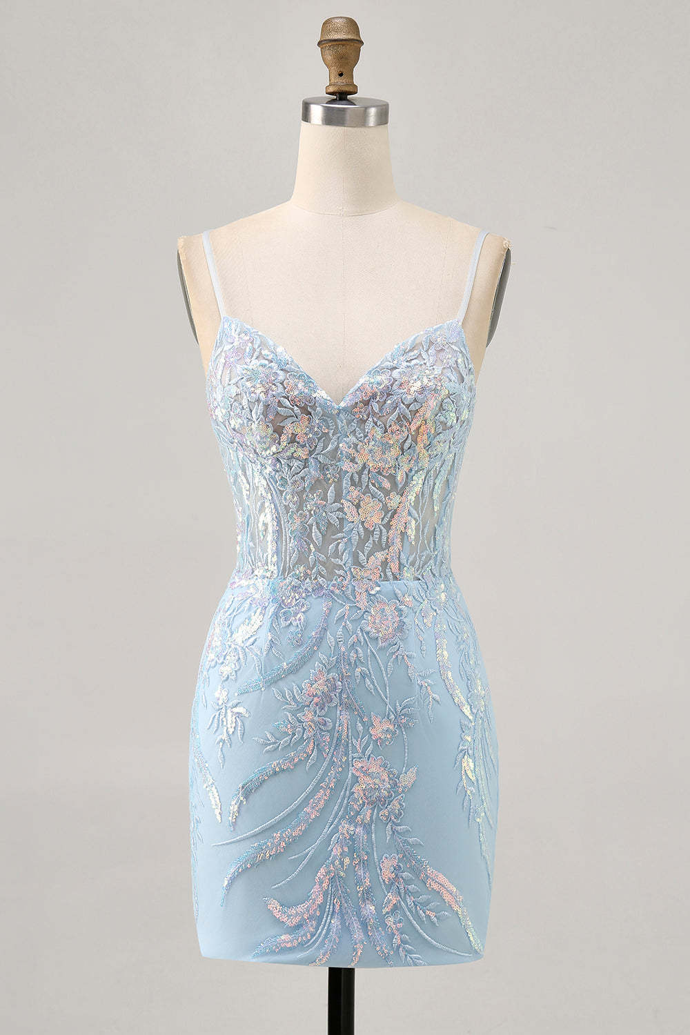 Leely Women Sparkly Light Blue Tight Short Sequined Corset Homecoming Dress Embroidered Spaghetti Straps Cocktail Dress